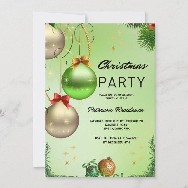Gold Snow Pine Green  Christmas  Invitation (Front)