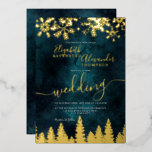 Gold snow pine green Christmas winter wedding<br><div class="desc">Time to celebrate your winter wonderland wedding theme with this luxury gold foil snowflakes sparkles and pine tree forest on an elegant festive dark green watercolor background,  featuring a modern cool script font typography with real gold foil.</div>