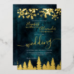 Gold snow pine green Christmas winter wedding<br><div class="desc">Time to celebrate your winter wonderland wedding theme with this luxury gold foil snowflakes sparkles and pine tree forest on an elegant festive dark green watercolor background,  featuring a modern cool script font typography with real gold foil.</div>