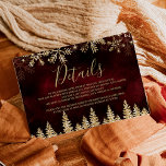 Gold snow pine red Christmas winter details Enclosure Card<br><div class="desc">Time to celebrate your winter wonderland wedding theme with this luxury gold glitter snowflakes sparkles and gold glitter pine tree forest details cards on an elegant festive dark red burgundy watercolor background,  featuring a modern cool script font typography.</div>