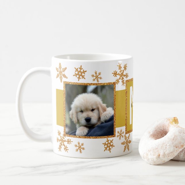 Gold Snowflake 2 Photo Monogram Christmas Coffee Mug (With Donut)