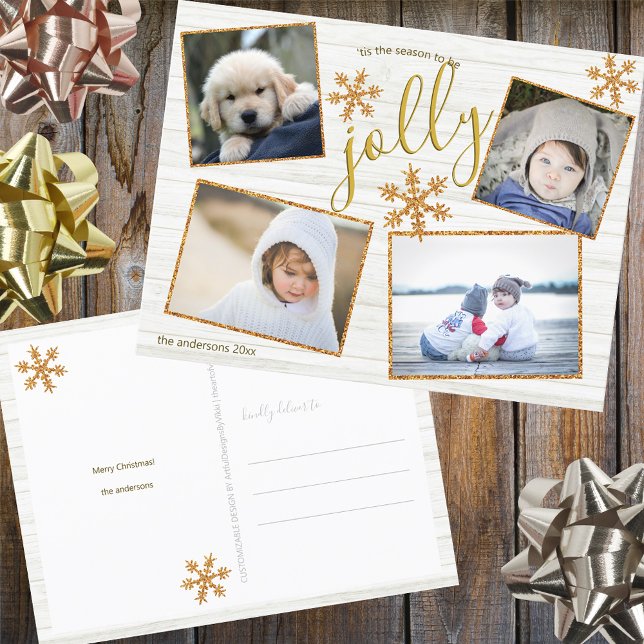 Gold Snowflake 4 Photo Jolly Christmas Postcard (Creator Uploaded)