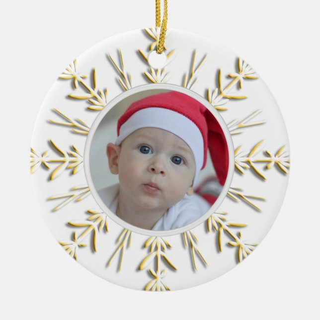 Gold Snowflake Baby's 1st Christmas Photo Ceramic Tree Decoration (Front)