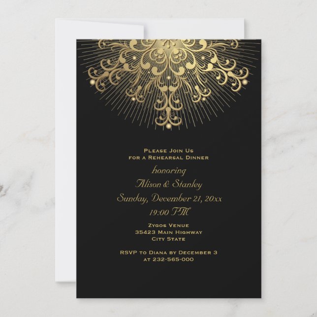 Gold snowflake black wedding rehearsal dinner invitation (Front)