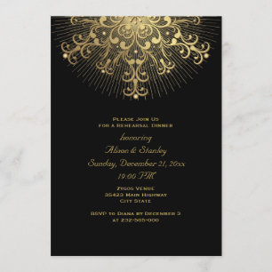 Gold snowflake black wedding rehearsal dinner invitation