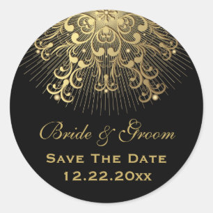 Gold snowflake black winter wedding Save the Date Classic Round Sticker