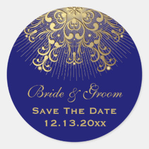 Gold snowflake blue winter wedding Save the Date Classic Round Sticker