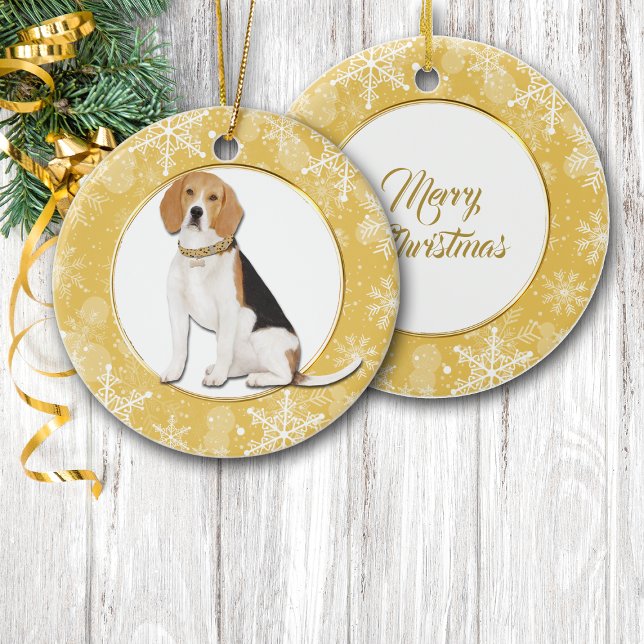 Gold Snowflake Border Beagle Dog Ceramic Tree Decoration (Creator Uploaded)