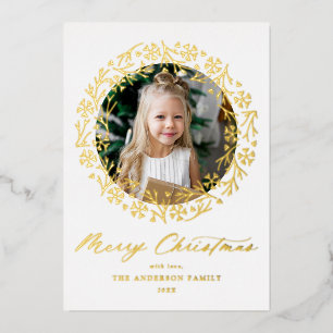 Gold Snowflake Christmas Wreath Photo Foil Holiday Card