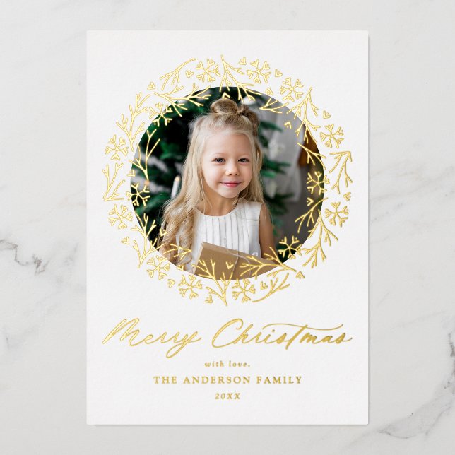 Gold Snowflake Christmas Wreath Photo Foil Holiday Card (Front)