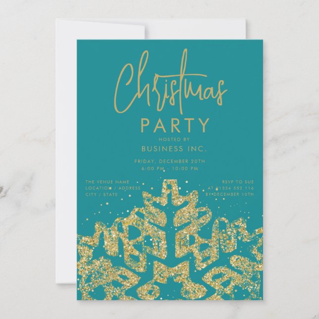 Gold Snowflake Corporate Christmas Party Teal  Invitation (Front)