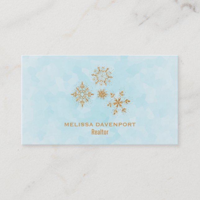 Gold Snowflake Crystals on Frosty Blue - Christmas Business Card (Front)