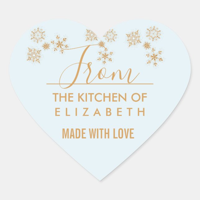 Gold Snowflake Crystals on Frosty Blue - Christmas Heart Sticker (Front)