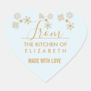 Gold Snowflake Crystals on Frosty Blue - Christmas Heart Sticker