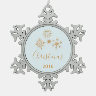 Gold Snowflake Crystals on Frosty Blue - Christmas Snowflake Pewter Christmas Ornament