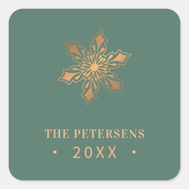 Gold snowflake family name year custom Christmas Square Sticker (Front)