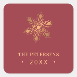 Gold snowflake family name year custom Christmas Square Sticker