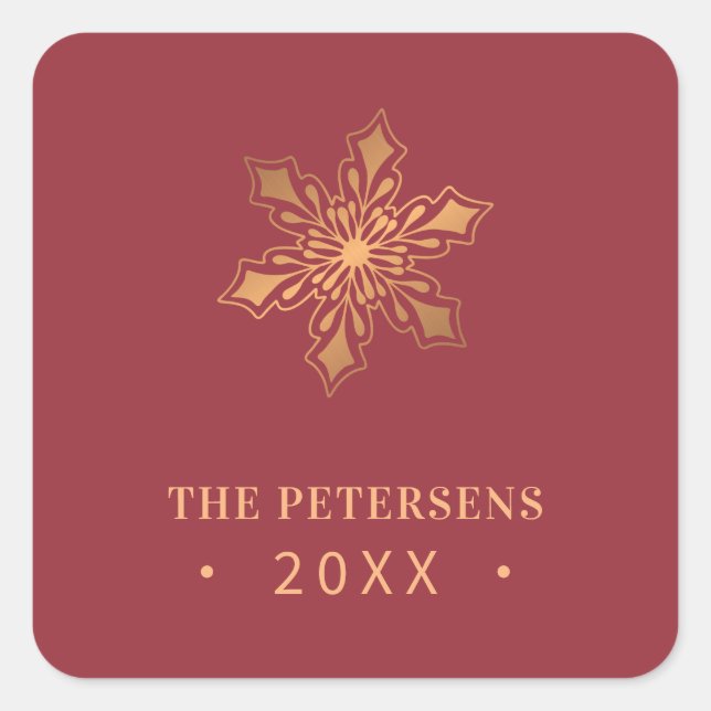 Gold snowflake family name year custom Christmas Square Sticker (Front)