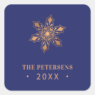 Gold snowflake family name year custom Christmas Square Sticker