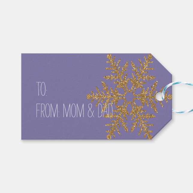 Gold Snowflake Glitter Purple Gift Tags (Front (Horizontal))