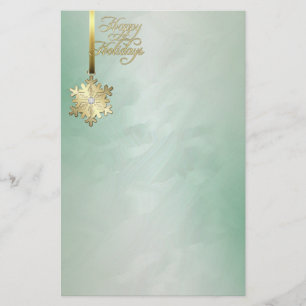 Gold Snowflake Green Foil Holiday Stationery