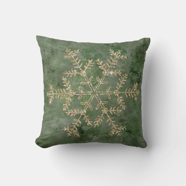 Gold Snowflake Green Stylish Vintage Cushion (Front)