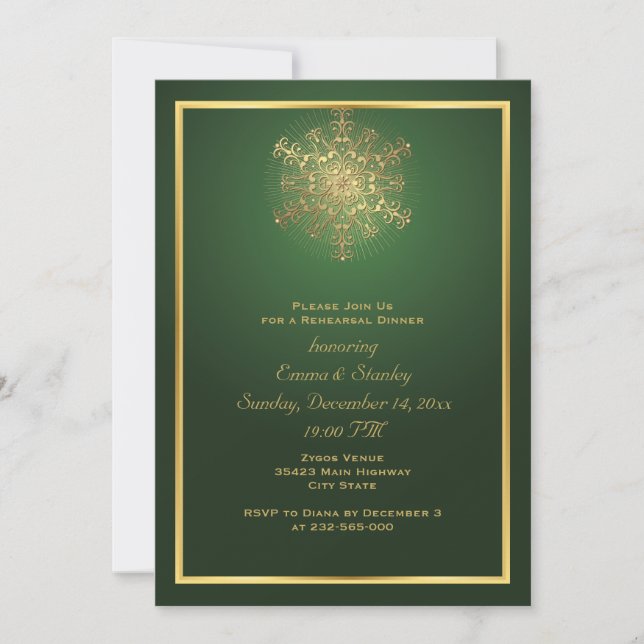 Gold snowflake green wedding rehearsal dinner invitation (Front)