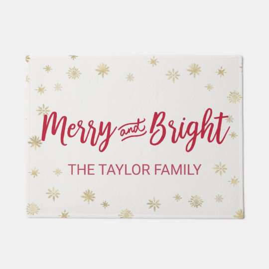 Gold Snowflake Merry and Bright Christmas Doormat