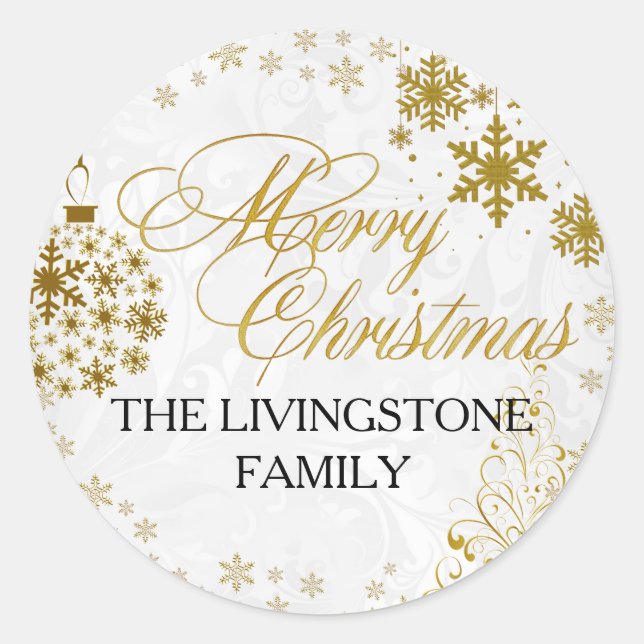 Gold Snowflake Merry Christmas Holiday Sticker (Front)