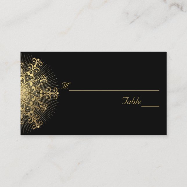 Gold snowflake on black winter wedding place card (Front)
