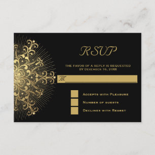 Gold snowflake on black winter wedding RSVP reply Card