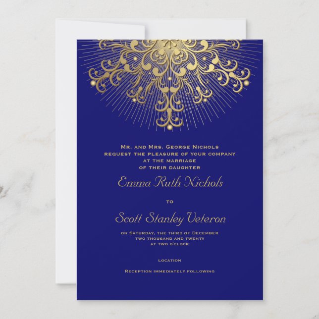 Gold snowflake on blue elegant  winter wedding invitation (Front)