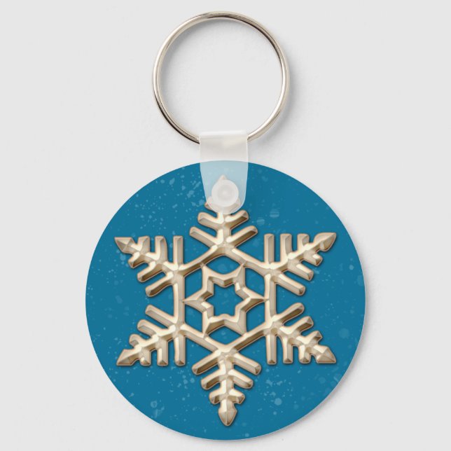 Gold Snowflake on Blue Holiday Keychain (Front)