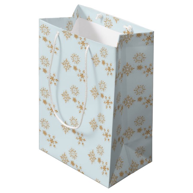 Gold Snowflake on Frosty Blue Christmas Pattern Medium Gift Bag (Front Angled)