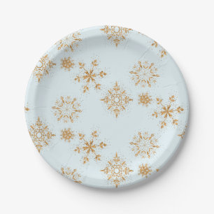 Gold Snowflake on Frosty Blue Christmas Pattern Paper Plate
