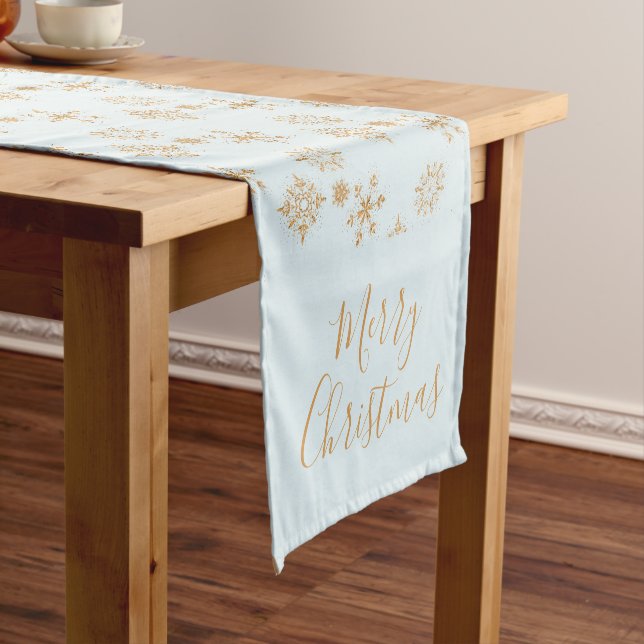 Gold Snowflake on Frosty Blue Christmas Pattern Short Table Runner (In Situ)