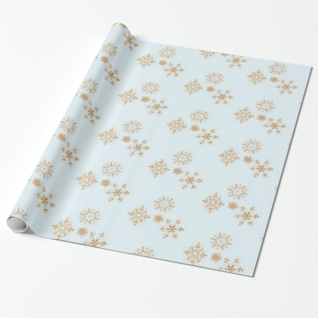 Gold Snowflake on Frosty Blue Christmas Pattern Wrapping Paper (Unrolled)