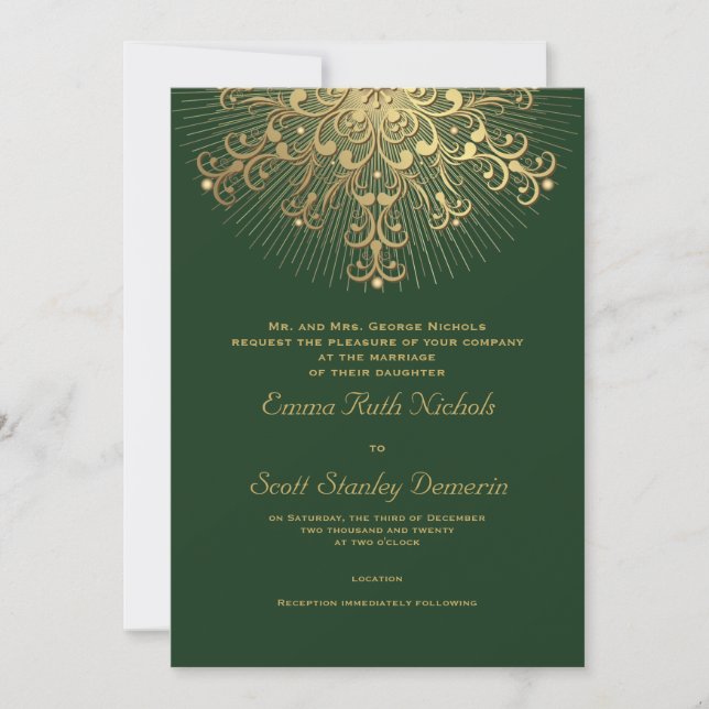 Gold snowflake on green elegant  winter wedding invitation (Front)