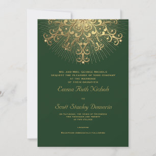 Gold snowflake on green elegant winter wedding invitation