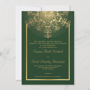 Gold snowflake on green elegant winter wedding invitation