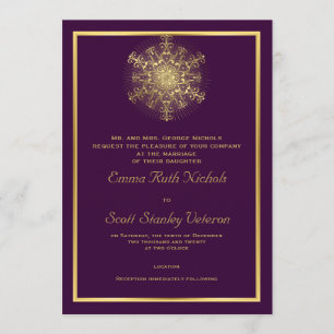 Gold snowflake on purple elegant  winter wedding invitation