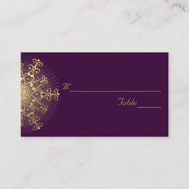 Gold snowflake on purple winter wedding place card (Front)