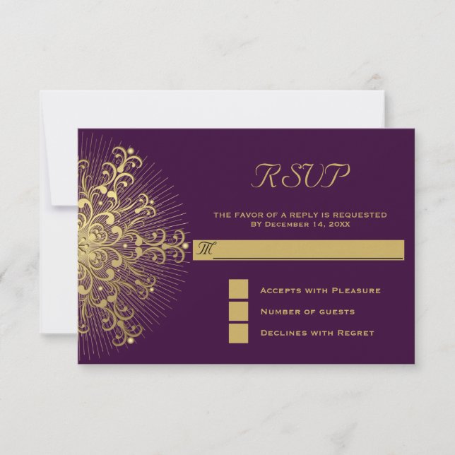 Gold snowflake on purple winter wedding RSVP reply (Front)