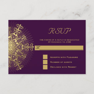 Gold snowflake on purple winter wedding RSVP reply Card