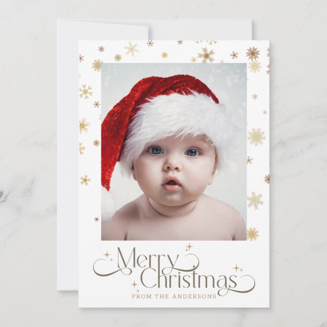 Gold Snowflake On White Background Christmas Photo Holiday Card (Front)