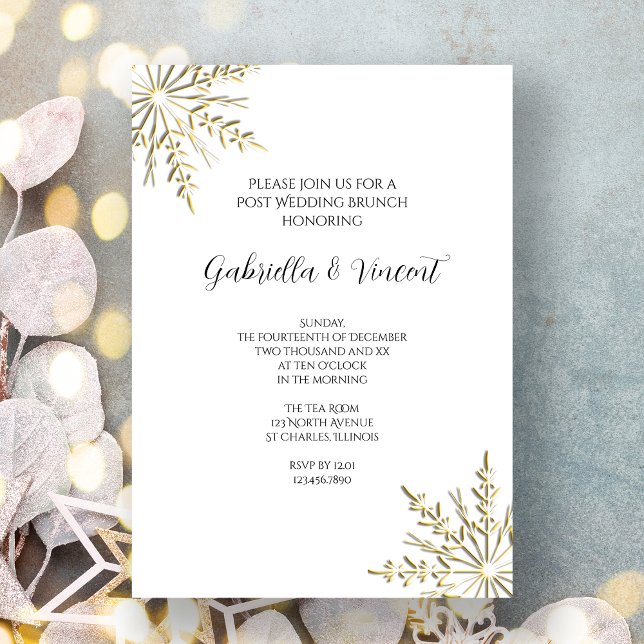 Gold Snowflake on White Winter Post Wedding Brunch Invitation (Creator Uploaded)