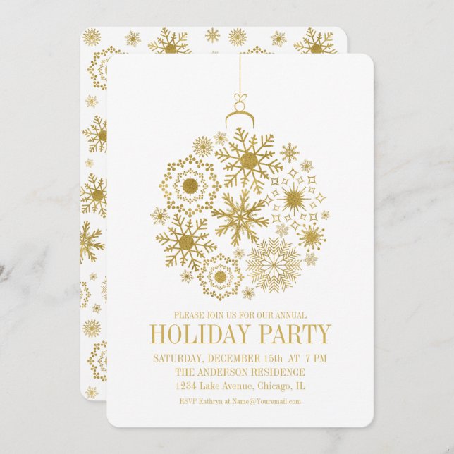 Gold Snowflake Ornament Holiday Party Card (Front/Back)