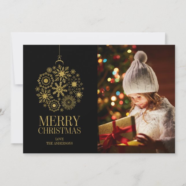 Gold Snowflake Ornament Holiday Photo Card (Front)