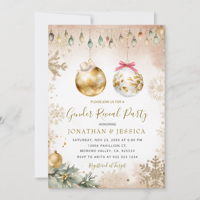Gold Snowflake Ornaments Christmas Gender Reveal Invitation (Front)