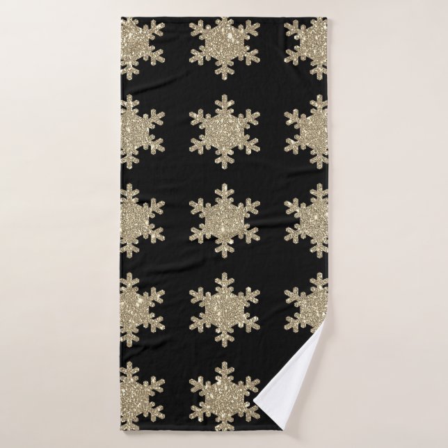 Gold Snowflake Patterns Black Stylish Elegant Cute Bath Towel (Bath Towel)